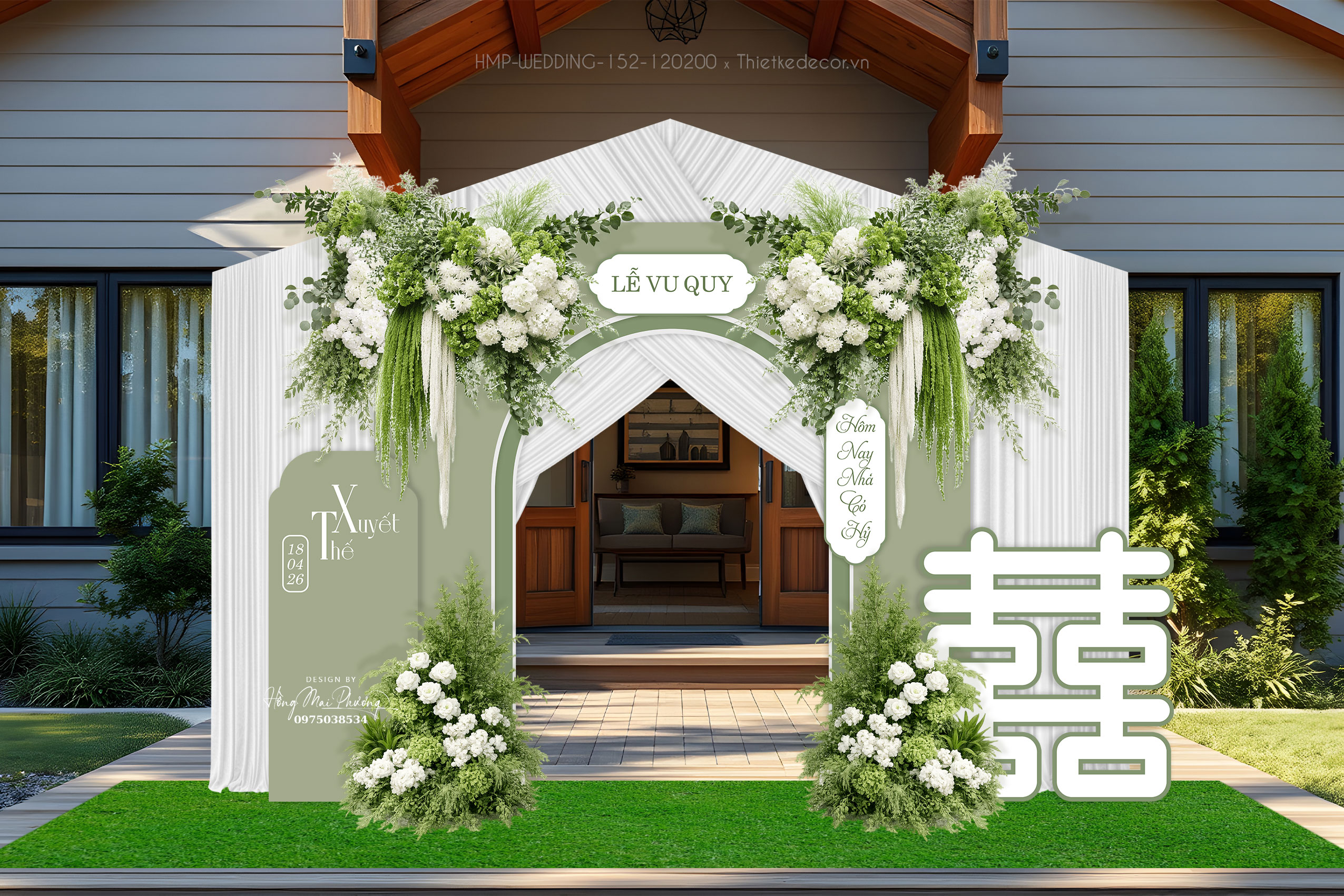 File thiết kế trang trí background tiệc cưới- Cổng cưới mix hoa tone xanh lá- xanh cốm
